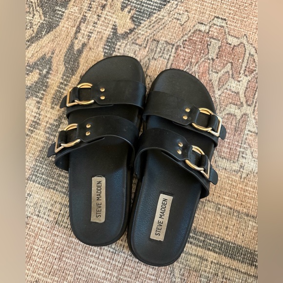 Steve Madden Black Sandals with Gold Buckles - Picture 1 of 4